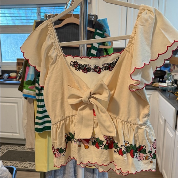 Boxlunch Exclusive - Strawberry Shortcake Ruffled Tie back women's Blouse - Picture 6 of 11